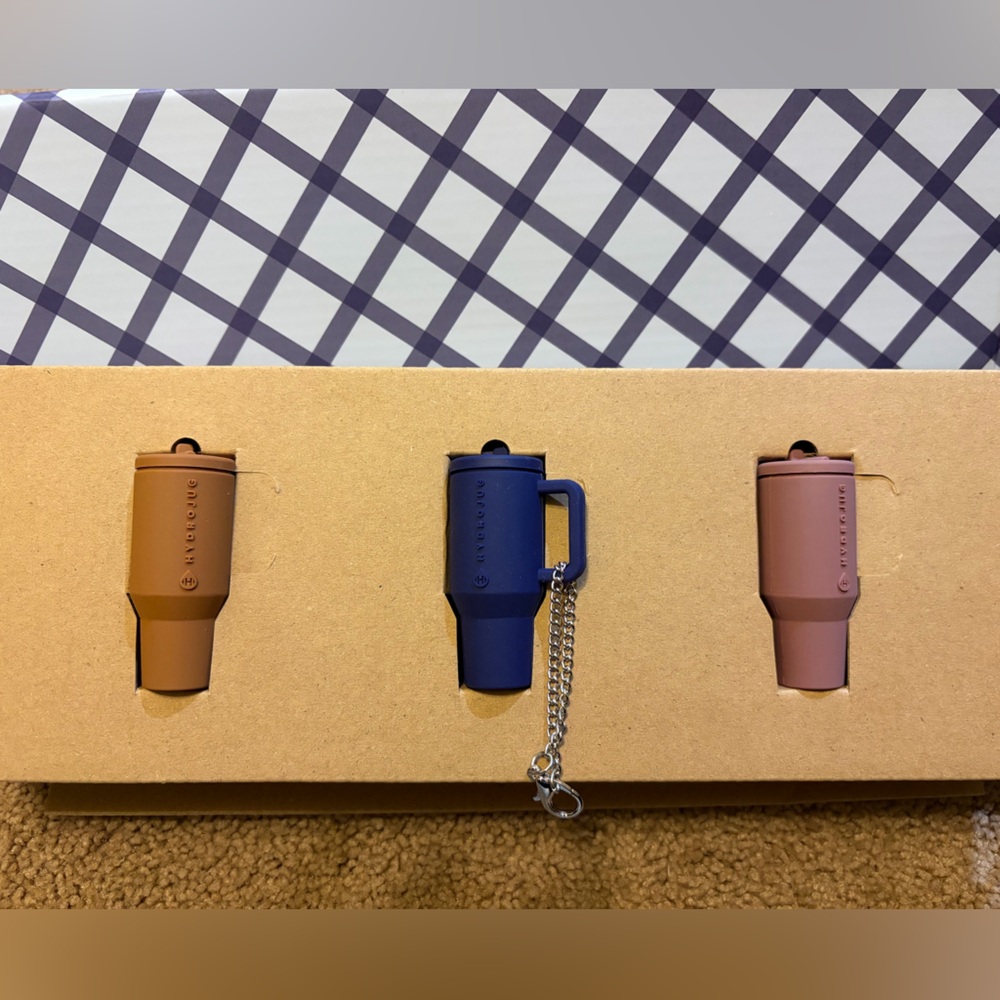 HydroJug Keychain Trio in Beige, Navy, and Mauve